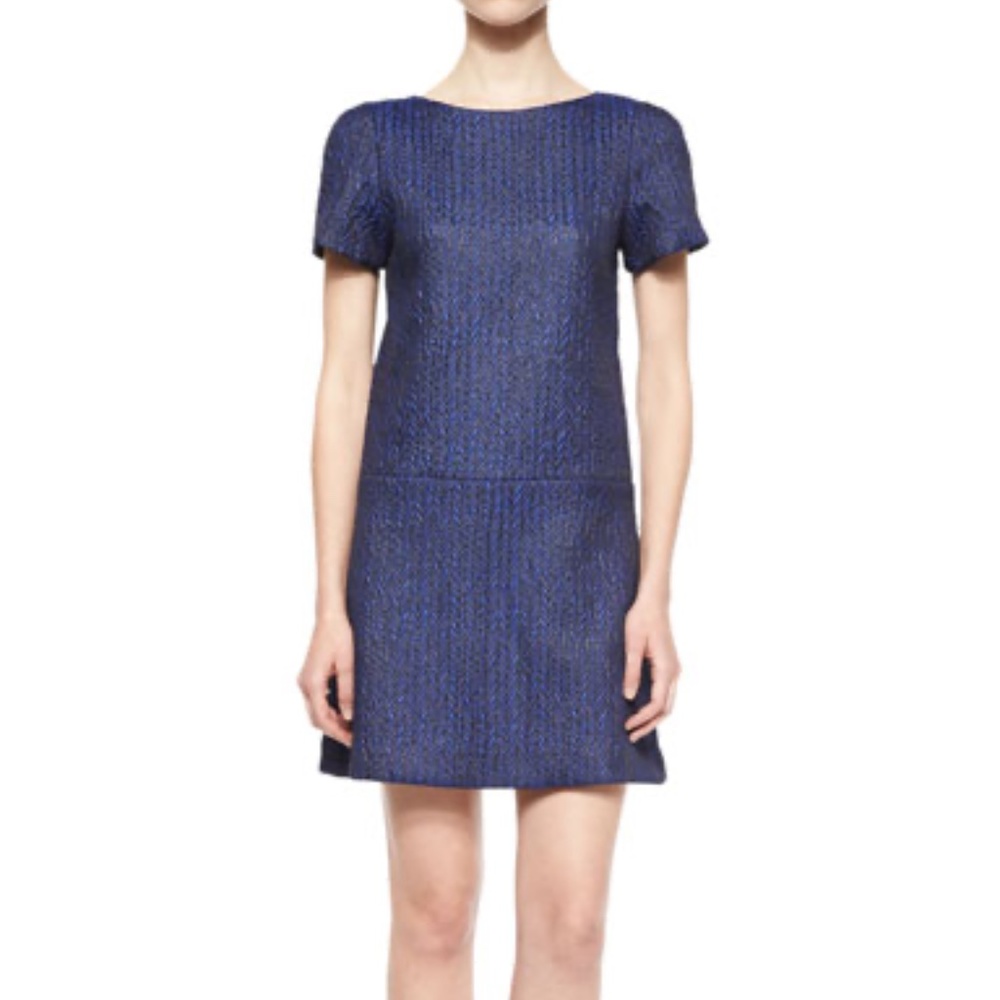 Alice + Olivia Liv Herringbone Dress Royal Blue Black Drop Waist Short Sleeves 6